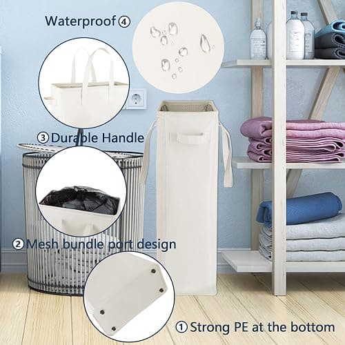 Odonata Slim Laundry Hamper Handles Collapsible Laundry Basket Thin Dirty Clothes Basket Narrow Laundry Bag Foldable Dirty Hamper 45L (Beige) - Beige thumbnail 5