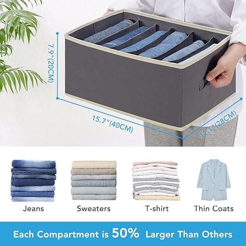 Baesyhom 3 Pcs Large Size Wardrobe Clothes Organizers 6 Grids for Pants, Jeans, Sweater, T-shirt, Dress Stackable Closet Drawer Organizer Storage Bin Container with Sturdy Handles, Dark Grey thumbnail 2