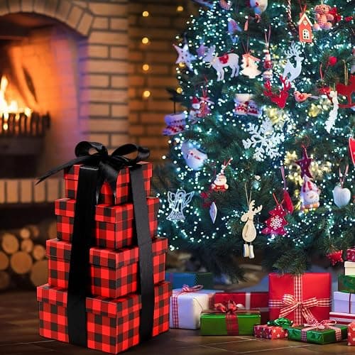 Clabby 4 pcs Christmas Nesting Boxes with Lids Square Xmas Stackable Gift Box, Assorted Sizes Decorative Nesting Boxes with Ribbon for Holiday Wedding Birthdays Present(Red and Black,Checkered) thumbnail 5