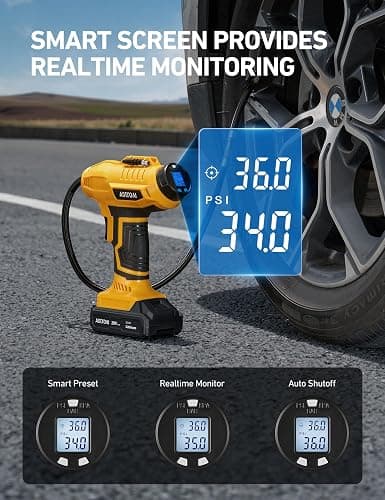 AstroAI Cordless Tire Inflator Air Compressor 20V Rechargeable Battery Powered 160PSI Portable Air Pump with 12V Car Power Adapter Digital Pressure Gauge for Cars Motorcycles JY16P160-18（C2）Yellow thumbnail 6
