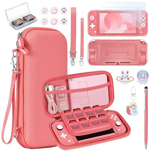 innoAura Switch Lite Case 18-in-1 Accessories Bundle for NS Switch Lite (2019), with Protective Carrying Case, Game Holder, Screen Protector & Cute Thumb Grips, Coral - Image 1