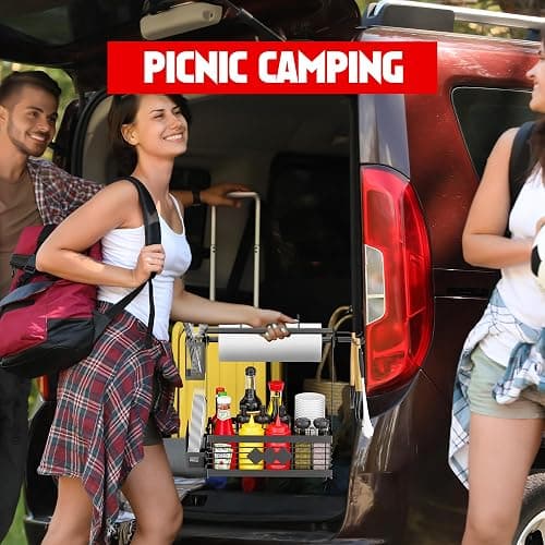 Grill Caddy for Outdoor Grill, BBQ Caddy with Camping Paper Towel Holder and Plate Holder, Picnic Utensil Condiment Kitchen Organizer for Camper, RV Patio Tailgate Essentials, Grilling Gifts for Men thumbnail 7