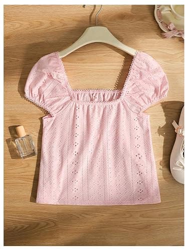 SOLY HUX Girl's Summer Lace Peplum Babydoll Top Square Neck Short Sleeve Tee Shirts Eyelet Cute Tops thumbnail 2
