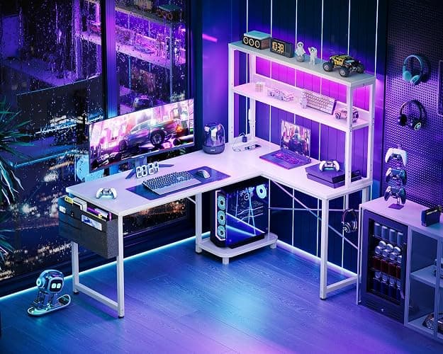 AODK L Shaped Desk Gaming Desk with LED Light & Power Outlet, 53 Inch Reversible L Shaped Computer Table with Shelf, Corner Desk with Storage Bag&Hook for Home Office Desk, White thumbnail 2