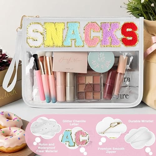 Snack Bag for Travel - Clear Chenille Varsity Letter Flat Pouch with Zipper, 12.2×8.46 inch Waterproof Clear Nylon Preppy Patch Makeup Cosmetic tote Bags for Women Girls thumbnail 3