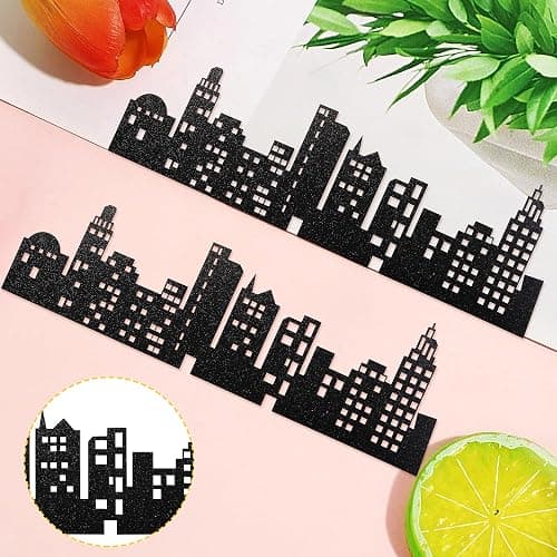 12 PCS City Cake Border Decoration Black Glitter Nighttime City Skyline Stick On or Lay On Building Images Lighted Backdrop Wrapper for New York Skyscraper Birthday Party Cake Decorations Supplies thumbnail 2