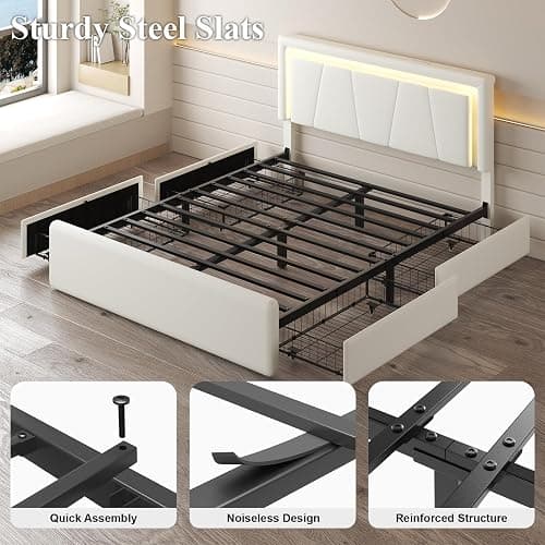 Full Size Bed Frame with 4 Storage Drawers, Upholstered Headboard, White | Modern Bed, Charging Station, LED Light, Adjustable Height Headboard, Noise-Free, No Box Spring Needed, Easy Assembly thumbnail 8