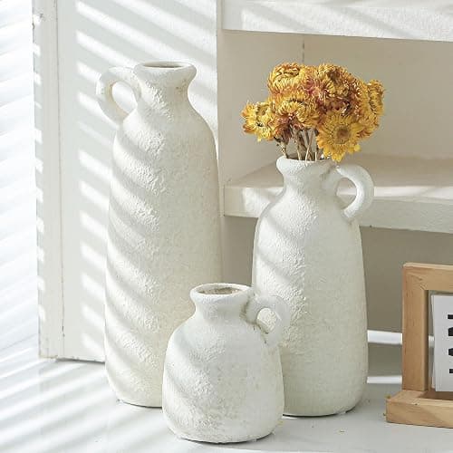 Ceramic Vase Set of 3 with Handle, Neutral Rustic Vases Home Decor Farmhouse Decorative Vase Whitewashed Pottery Decor Modern for Table Mantel Entryway Bookshelf Living Room Kitchen Bedroom - White thumbnail 6