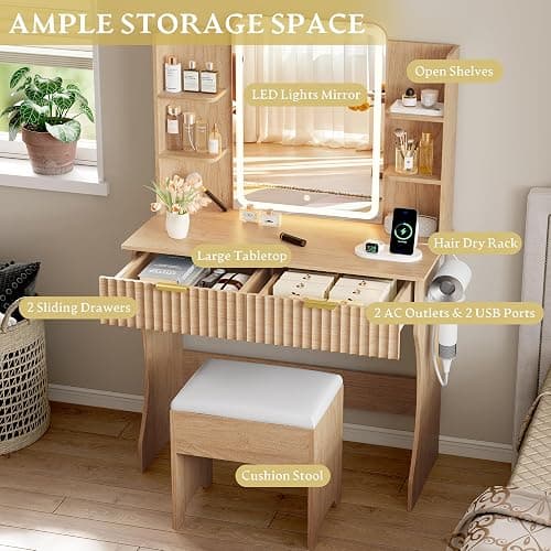 Vanity Desk with LED Lights Mirror & Power Outlet, Small Makeup Vanity Table Set with Storage Drawers & Chair, 3 Lighting Modes & Adjustable Brightness, Dressing Table for Women Girls Bedroom, Oak thumbnail 6