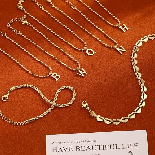 VIROMY Gold Bracelets for Women 14K Gold Plated Initial Layered Bracelet Minimalist Twisted Rope Heart Bead Link Dainty Name Jewellery Gifts for Her A-Z thumbnail 5