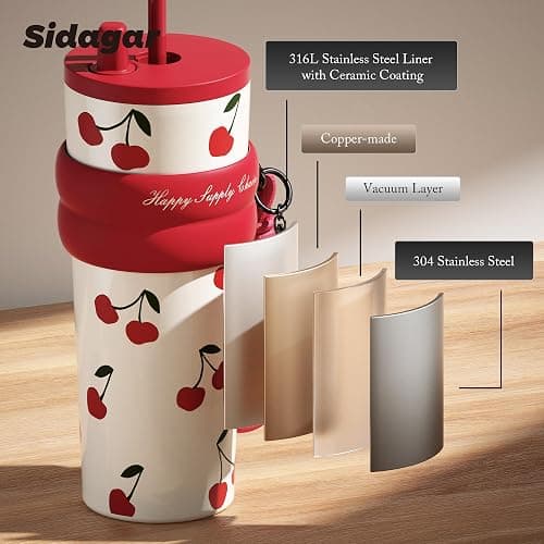 SDGA+ 24 oz Stainless Steel Tumbler with Lid and Straw, Insulated Water Bottle Leak Proof for Hot and Cold, Portable Travel Coffee Mug, Reusable Coffee Cup for Women, Cherry thumbnail 7