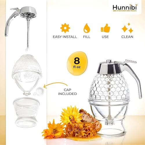 Hunnibi 8oz No Drip Glass Honey Dispenser with Plastic Top - Honeycomb-Style Syrup Server and Bee-Themed Storage Jar with Stand - 6" Clear Container for Honey, Maple Syrup thumbnail 4