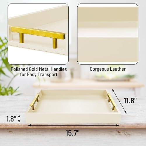 ATZYmolin Leather Serving Tray with Gold Polished Metal Handles, Home Decorative Wooden Rectangle Ottoman Decor Platter Bathroom Vanity Tray for All Occasions White - White thumbnail 3