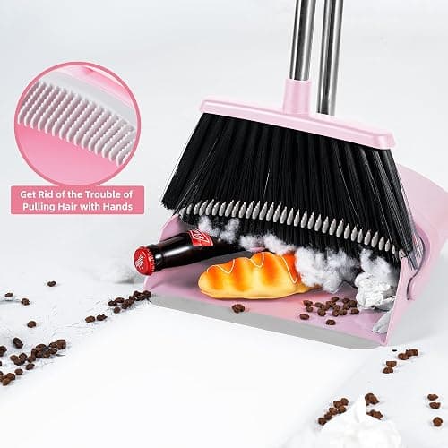 BSKLIN Broom and Dustpan Set, Outdoor Broom with Dustpan Combo Set for Sweeping Indoor Collapsible Broom Set for Home Office Kitchen Lobby Floor Pet Hair (Pink) - Small-pink thumbnail 4