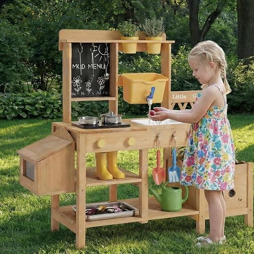Wooden Mud Kitchen for Kids, Outdoor Play Kitchen with Real Running Water Sink, Mud Table, Gravity Water Tank, Planting Box, Critter Observation Box, 12-Pc Accessory Kit, Toddler Gift, Age 3+ thumbnail 6
