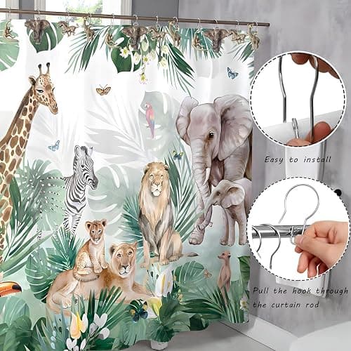 YRMLYMOP Jungle Shower Curtain Hooks,12 Pcs Animal Shower Curtain Hooks, Rainforest Elephant Zebra Monkey Giraffe Tropical Safari Bathroom Curtain House Bathroom Decor Accessorie, Stainless Steel Ring thumbnail 5