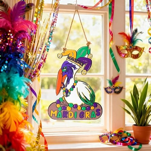 Mardi Gras Decorations, Wooden Pelican Sign for Mardi Gras Front Door Hanger, New Orleans Carnival Signs Decor Wreath Mantel Home Wall Porch for Holiday Hanging Decorations Outdoor Indoor thumbnail 6