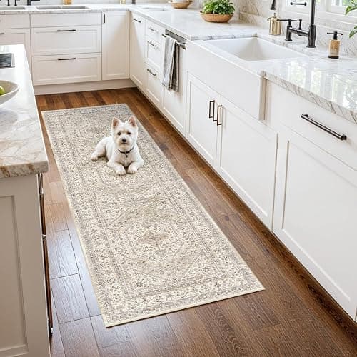 2x5 Runner Rug for Hallway Washable: Non Slip Kitchen Rugs with Rubber Backing Soft Waterproof Mats Stain Resistant Indoor Vintage Carpet Runner for Bedroom Bathroom Laundry Entryway Beige/Gray thumbnail 2