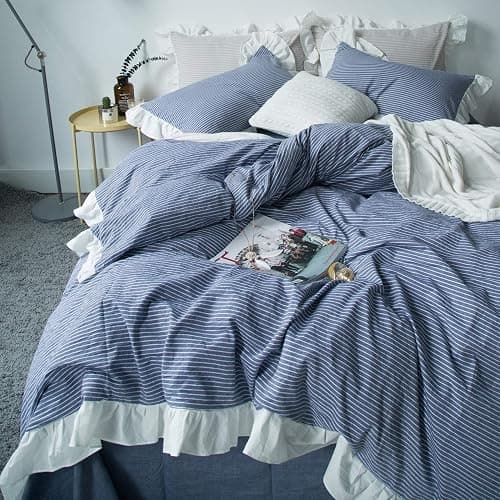 SUSYBAO Blue White Striped Duvet Cover Queen 100% Washed Cotton Denim Blue Ruffle 3 Pieces Set 1 Cute White Lace Duvet Cover with Zipper Ties 2 Pillow Shams Denim Ruffled Bedding Set thumbnail 2