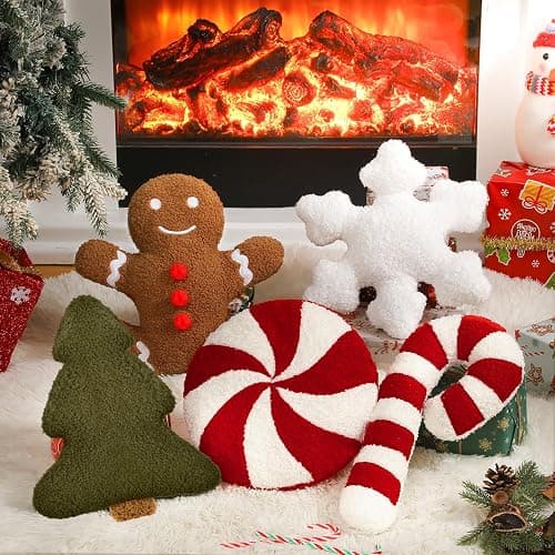 Memorywuu 5 Pcs Christmas Throw Pillows Xmas Tree Gingerbread Man Snowflake Pillow Stripe Candy Cane Peppermint Shape Cushion Stuffed Christmas Decoration for Home Sofa Bed Couch Party (Classic Color) thumbnail 2