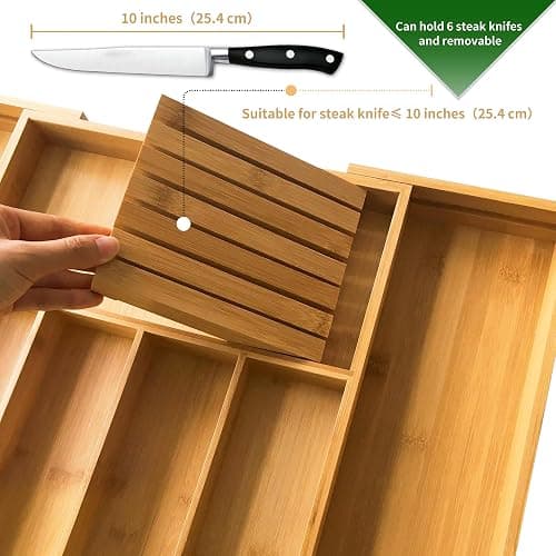 VaeFae Bamboo Silverware Drawer Organizer Kitchen, Expandable Utensil Organizer with Knife Block, Cutlery Tray with Divider, Multifunctional Drawer Organizer thumbnail 3