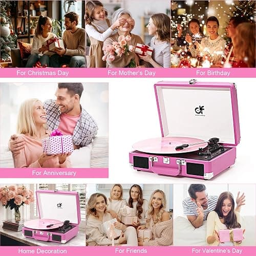 Record Player, Vintage 3-Speed Suitcase Turntable with Built-in 2 Speakers,USB Recording Vinyl to MP3, Bluetooth 3 Speed 3 Size Portable Record Player for Music Lovers Hot Pink thumbnail 10