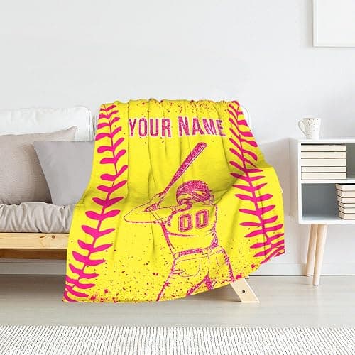 Personalized Softball Gifts for Girls - 30x40 Inches Softball Throw Blankets for Kids - Yellow Cool Lightweight Soft Blankets for Sofa, Lap & Office thumbnail 2