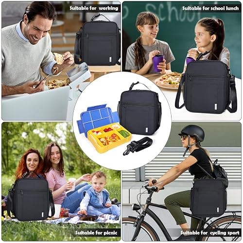 NOL Nylon Waterproof Kids Lunch Bag, Insulated Lunch Bag, Lunch box Cooler, Reusable, Zip Closure with Buckle Handle Holds Lunch Box, Snacks & Water Bottle for School Work,Black - Black - Vertical thumbnail 6