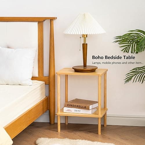 Apicizon 2 Tier End Table Set of 2, Small Side Table with Solid Wood Legs, Boho Bedside Table with Storage Shelf, Nightstand for Small Spaces, Bedroom, Living Room, Entryway, Easy Assembly, Natural thumbnail 5