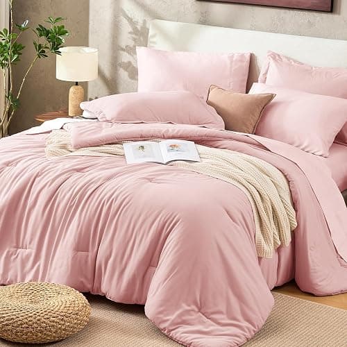 Sasttie Queen Comforter Set 7-Piece Pink, Pre-Washed Bed in a Bag | Soft & Breathable, All-Season Bedding Set with Comforter, Sheets, Pillowcases & Pillow Shams, OEKO-TEX, Down Alternative - Image 1