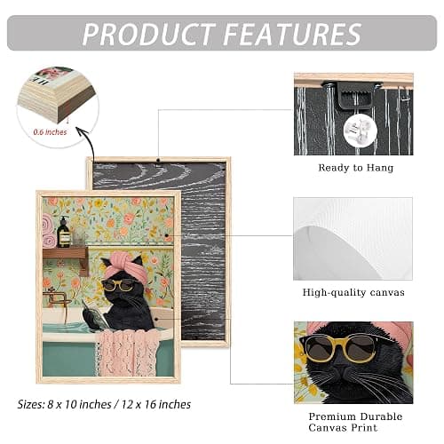 ICHZUMW Funny Black Cat Bathroom Wall Art Decor, Cute Framed Canvas Print Painting, Quirky Animal Pictures Wall Decoration, Humorous Girly Pink Artwork for Bedroom Restroom Powder Room Office, 8x10in thumbnail 6