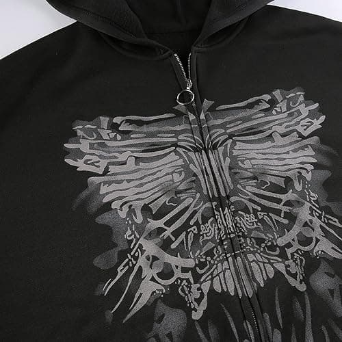 Juakoso Y2k Women Zip Up Hoodie Sweatshirt Rhinestone Skeleton Printing Long Sleeve Oversized Jacket Pullovers Fall Coats thumbnail 3