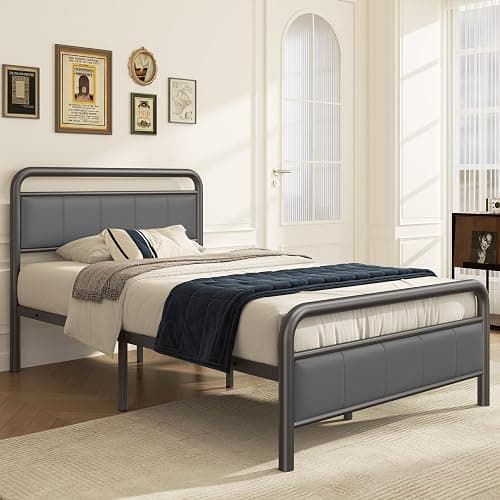 soges Twin Platform Bed with Upholstered Headboard and Footboard, Heavy Duty Metal Slats Support Bed Frame, No Box Spring Needed, Under-Bed Storage, Noise Free, Easy Assembly, Grey thumbnail 3
