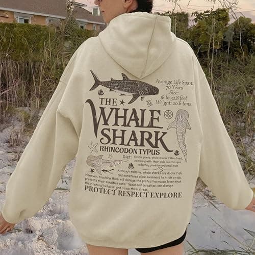 Lubpow Cute Hoodies for Women Ocean Whale Shark Hoodie Aesthetic Animal Graphic Sweatshirts Casual Fleece Pullover Tops thumbnail 2