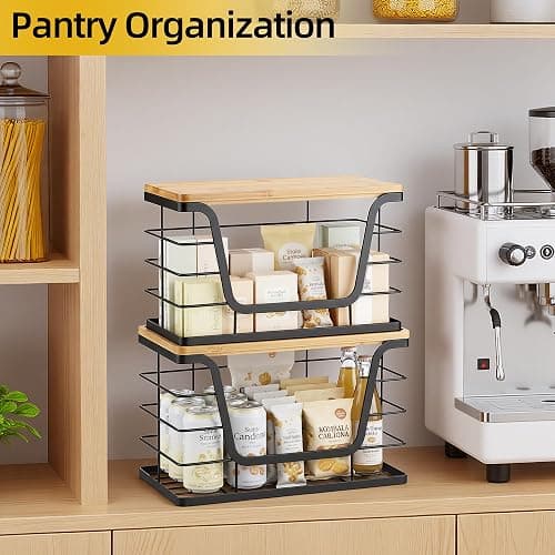 ALOCEO 2 Pack Storage Stackable Kitchen Laundry Organizers with Bamboo Top, Large Trash Bag Holder and Small Garbage Bag Dispenser for Countertop Organization thumbnail 6