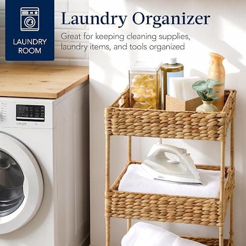 Best Choice Products 3-Tier Water Hyacinth Rolling Nursery Caddy w/Wheels, Utility Cart, Storage Organization for Bathroom, Craft Room, Laundry Room - Natural thumbnail 6