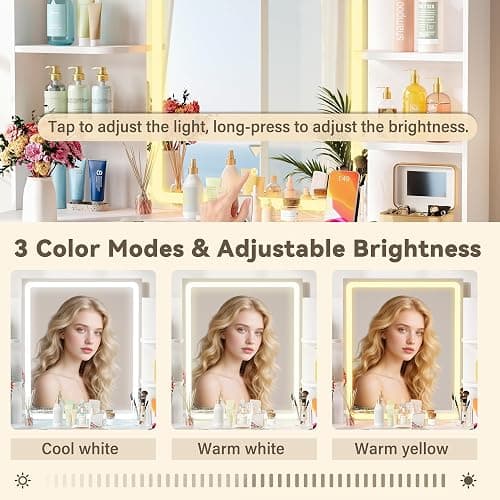 YESHOMY Vanity Desk with Mirror and Lights,35.4" Makeup Vanity with 2 Storgae Drawers, 2 Side Shelves and Open Storage Shelves, 3 Color Modes, for Bedroom, Pure White thumbnail 4
