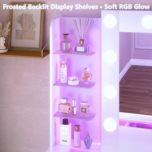 HUAHUU Vanity Desk with Mirror and Hollywood Lights, Makeup Vanity 6 Backlit Open Shelves with Frosted Panel & RGB Light, Transparent Top, Power Outlet, 7 Drawers & Storage Organizer for Bedroom thumbnail 3