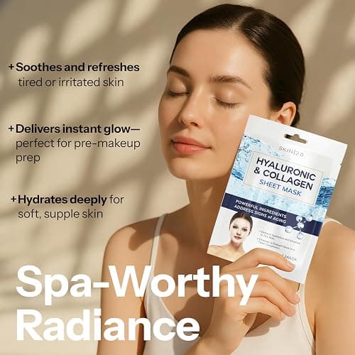 Skin 2.0 Hyaluronic Acid & Collagen Sheet Mask - Hydrating, Anti-Aging, Firming - Dermatologist Tested Korean Skincare - Clean Beauty, Natural Ingredients, Cruelty-Free, All Skin Types - Pack of 5 thumbnail 5