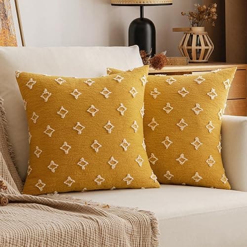 EMEMA Fall Mustard Yellow Decorative Throw Pillow Covers Rhombic Jacquard Pillowcase Cushion Case Square for Couch Sofa Bed Living Room Bedroom Set of 2, 18x18 Inch - Image 1