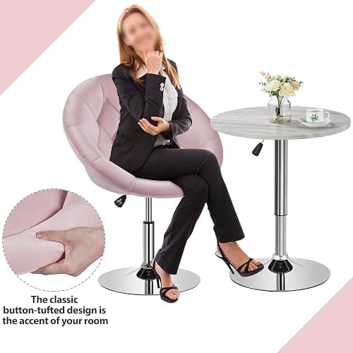 Yaheetech Living Room Vanity Chair Makeup Velvet Round Tufted Back Swivel Accent with Chrome Frame Height Adjustable for Room, Bedroom, Pink thumbnail 5