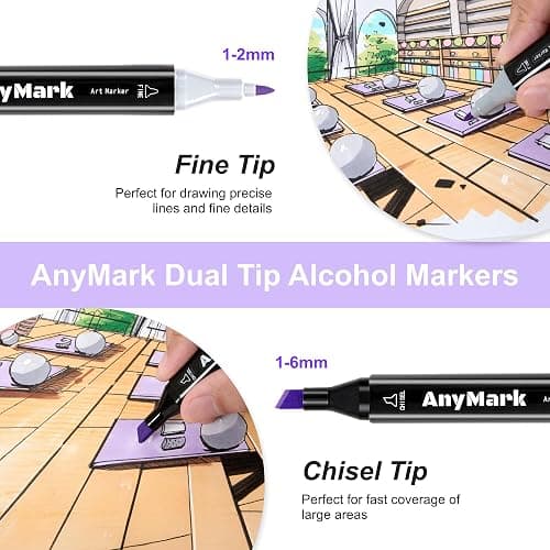 AnyMark Alcohol Markers, 80 Colors Dual Tip Art Coloring Markers Set for Adult Book Drawing Sketching Painting, Chisel & Fine, Black Penholder thumbnail 2