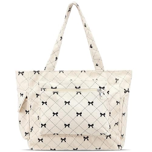 FloralGrace Cord Tote Bag for Ladies Large Black Bow Shoulder Bag with Pockets and Zip Bow Handbag for Work Travel - Image 1