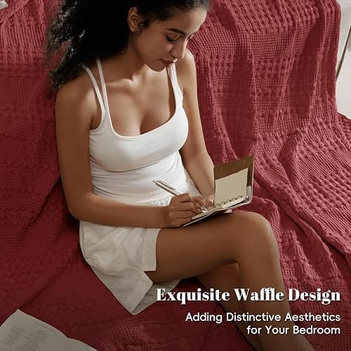 PHF 100% Cotton Waffle Weave Blanket Queen Size for Bed, Soft Lightweight & Breathable for Spring and Summer, All-Season Comfort, Luxury Aesthetic Blanket for Home Decor, 90"x90", Wine Red thumbnail 5