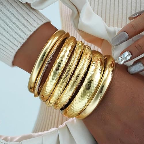 YEEZII Gold Bangle Bracelets for Women, 7Pcs 14K Gold Plated Boho Indian Multi Stackable Textured Bracelets, Chunky Bangles Set for Women Jewelry Gifts thumbnail 4