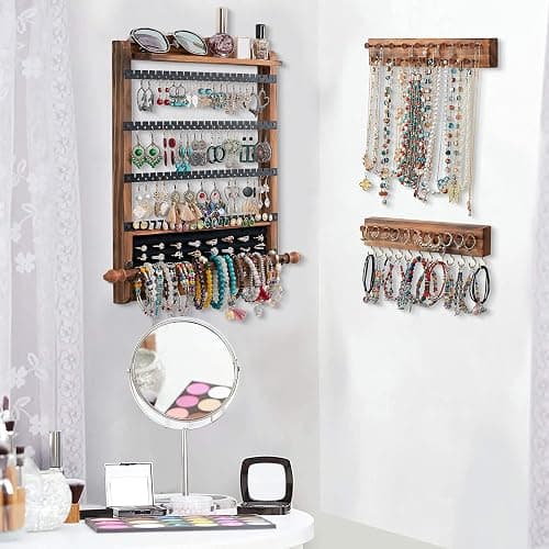 QILICHZ 3Pcs Jewelry Organizers and Storage,Wood Earring Organizer,Hanging Jewelry Organizer,Rustic Wall Jewellery Organizer,Wall Mounted Earring Holder for Storage Display Gift (Brown+Black) thumbnail 2