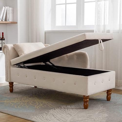 58.26 in Corner Lounge Sofa with Storage Upholstered Velvet Fabric Chaise Lounge Chair Indoor with Pillow & Nailhead Trim, Modern Sleeper Sofa Bed for Bedroom, Living Room & Apartment (Beige) thumbnail 3