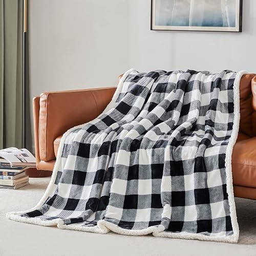 Touchat Sherpa Plaid Twin Blanket 60" X 70", Fuzzy Fluffy Soft Cozy Throw Blanket, Twin Size Plush Fleece Flannel Plush Microfiber Blanket for Couch Bed Sofa (Black) thumbnail 2