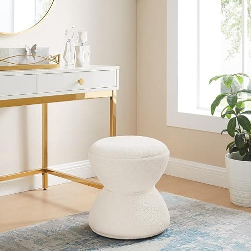 VANOMi Multi-Functional Boucle Ottoman, Vanity Stool Chair, Sturdy Rotating Wooden Footstool, Suitable for Living Room, Bedroom, and Entryway, Without Installation, Swivel, White thumbnail 5