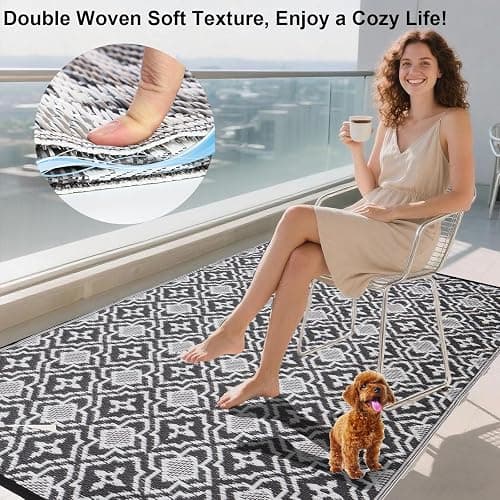 4x6 Outdoor Rug Waterproof Porch Rug,Outdoor Mat 4x6 Small Balcony Mat,Reversible Plastic Straw Rug, Outdoor Rug for Camping Black and White Outdoor Rugs for Patio, Deck, RV, Camping, Beach, Backyard thumbnail 5